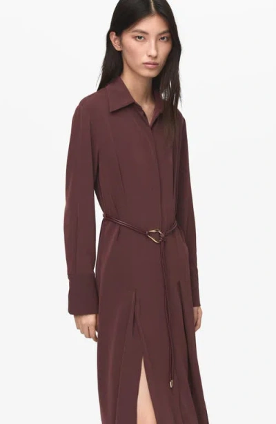 Mango Long Sleeve Belted Shirtdress In Burgundy