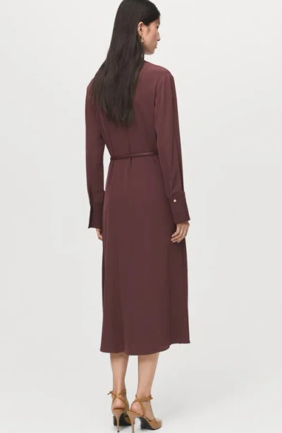 Mango Long Sleeve Belted Shirtdress In Burgundy