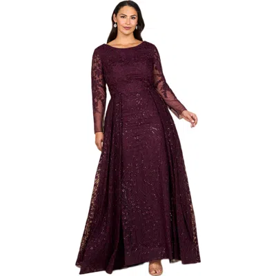 Lara New York Long Sleeve Gown With Overskirt & Illusion Neckline In Burgundy