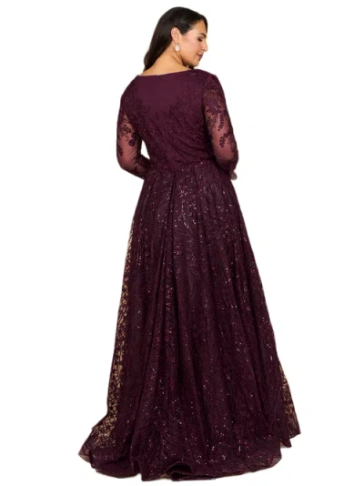 Lara New York Long Sleeve Gown With Overskirt & Illusion Neckline In Burgundy