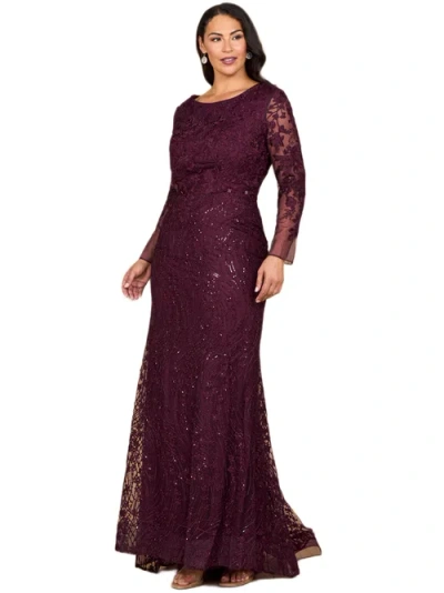 Lara New York Long Sleeve Gown With Overskirt & Illusion Neckline In Burgundy