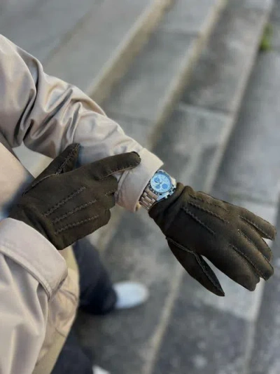 Agnelle David Color Contrast Shearling Gloves In Green