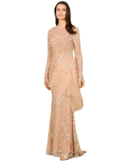 Lara New York Beaded Long Sleeve Gown With Tulle Applique In Pink