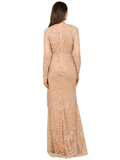 Lara New York Beaded Long Sleeve Gown With Tulle Applique In Pink