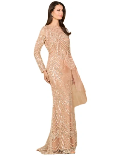 Lara New York Beaded Long Sleeve Gown With Tulle Applique In Pink