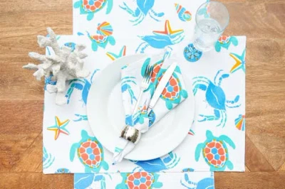 C & F Home C&f Home Caraway Coral Placemats Set Of 6 Blue Seaturtle Crab & Starfish Print In Blue