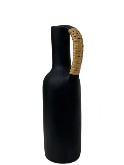 Nimmit Longpi Black Stone Pottery Vase With Wicker Handle In Black
