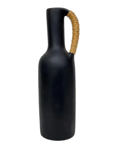 Nimmit Longpi Black Stone Pottery Vase With Wicker Handle In Black