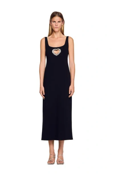 Sandro Womens Black Sleeveless Rhinestone-heart Stretch-woven Maxi Dress