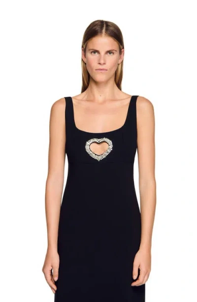 Sandro Womens Black Sleeveless Rhinestone-heart Stretch-woven Maxi Dress