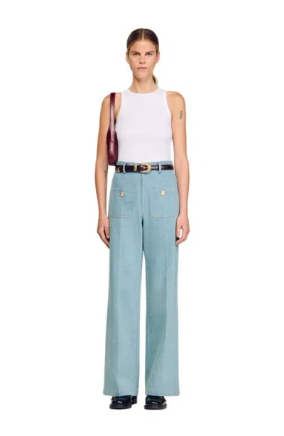 Sandro Faded High Rise Wide Leg Jeans In Blue Jean In Blue