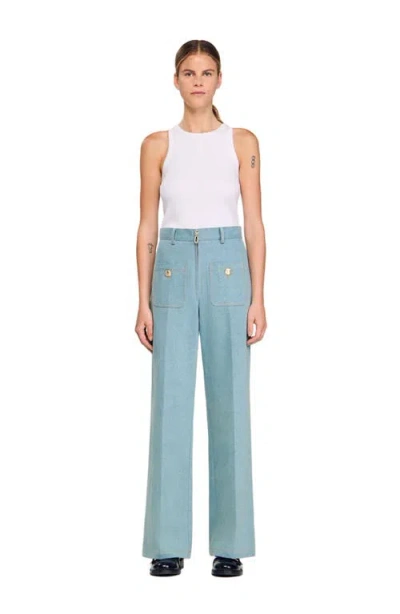 Sandro Faded High Rise Wide Leg Jeans In Blue Jean In Blue