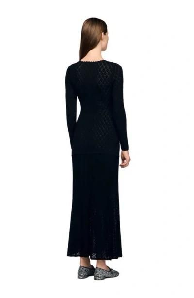 Sandro Womens Black Long-sleeve Flared Open-knit Maxi Dress In Black