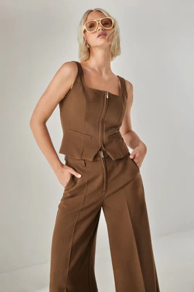 Nasty Gal Tailored Zip Front Wide Leg Pants In Brown