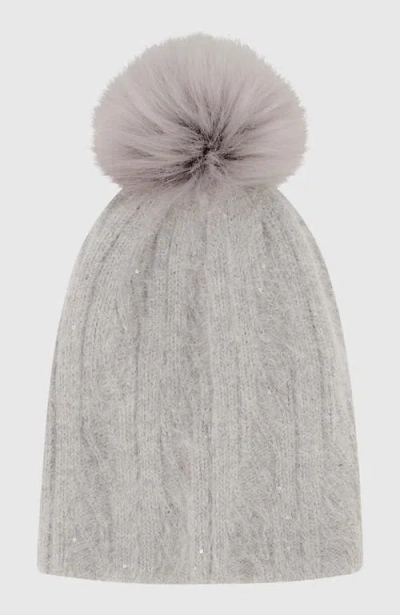 Lyla Grant Beanie With Fur-free Fox (faux Fur) Pompom In Gray