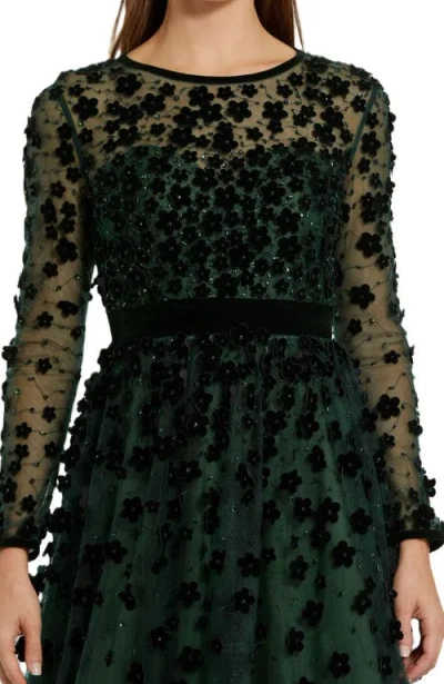 Mac Duggal Sheer Long Sleeve A Line Short Dress In Green