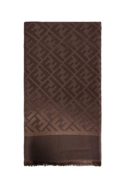 Fendi Ff Jacquard Wool And Silk Shawl In Burgundy