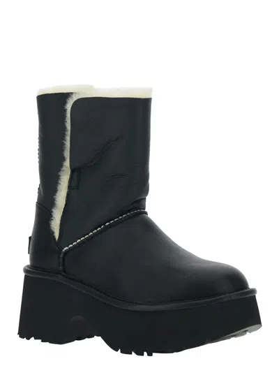 Ugg Fur-trimmed Black Leather Platform Boots With Block Heel In Black