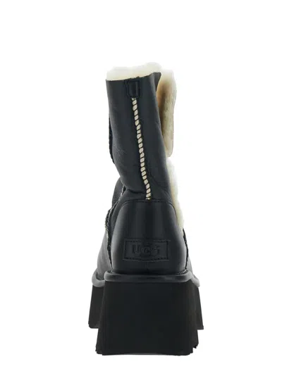 Ugg Fur-trimmed Black Leather Platform Boots With Block Heel In Black
