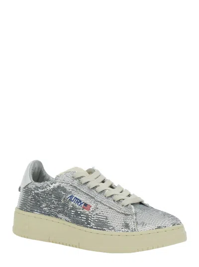 Autry Dallas Low Sparkling Sneakers In Silver And White Sequins Shoes In Silver