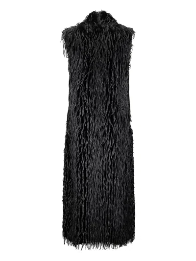 Stefano Mortari Long Sleeveless Coat With Black Fringes And Relaxed Fit In Black