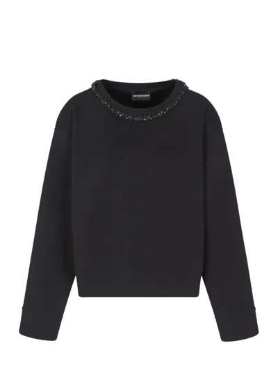 Emporio Armani Women Black Cotton Crewneck Sweatshirt, Xs Luxury Sweatshirts & Hoodies For Women Darveys In Black