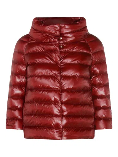 Herno Long Shiny Quilted Down Jacket With High Collar In Red