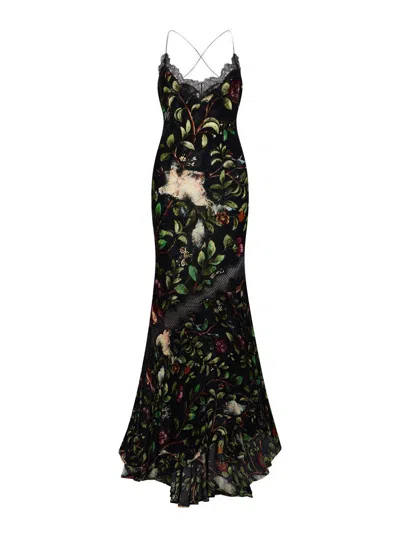 Roberto Cavalli Floral Spaghetti Strap Dress With Side Slit In Black