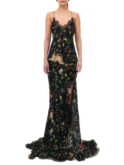 Roberto Cavalli Floral Spaghetti Strap Dress With Side Slit In Black