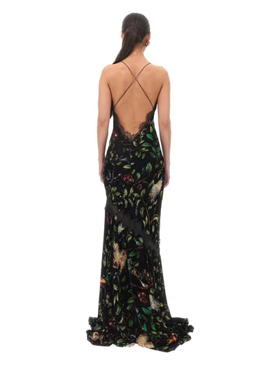 Roberto Cavalli Floral Spaghetti Strap Dress With Side Slit In Black