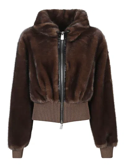 Pinko Cropped Jacket With Plush Faux Fur Texture In Brown
