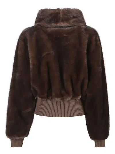 Pinko Cropped Jacket With Plush Faux Fur Texture In Brown