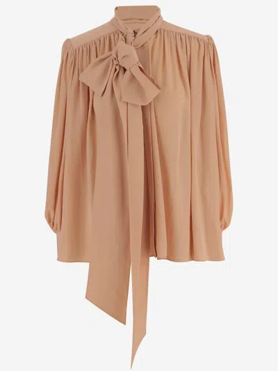 Chloé Silk Tie Neck Blouse With Puff Sleeve In Neutral