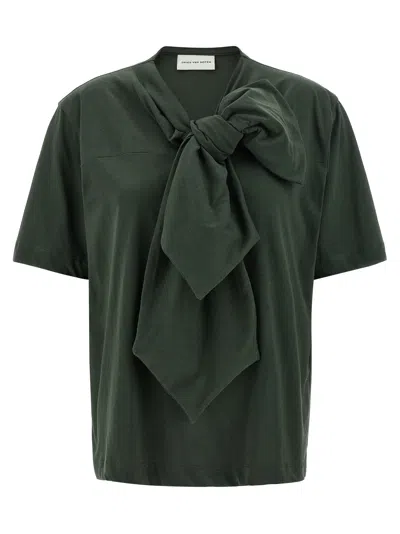 Dries Van Noten Bow Detail Crew Neck Short Sleeve Top In Green