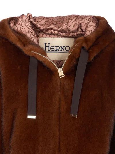 Herno Dark Brown Faux Fur Bomber Jacket With Custom Drawstring Hood In Brown