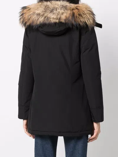 Woolrich Mid-length Black Parka With Detachable Fur-trimmed Hood In Black