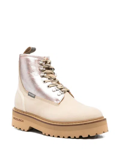 Woolrich Chunky Sole Metallic Finish Pull Tab Boots In White