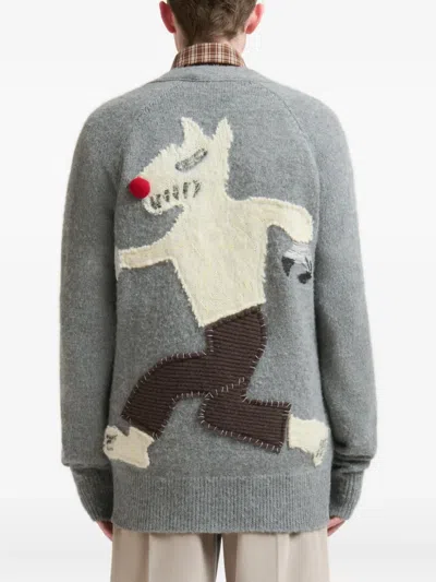 Marni Wolf-patch Cardigan In Gray