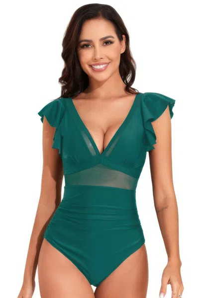 Truedames Deep V Neck Ruffle Color Block Lace Swimsuit In Green