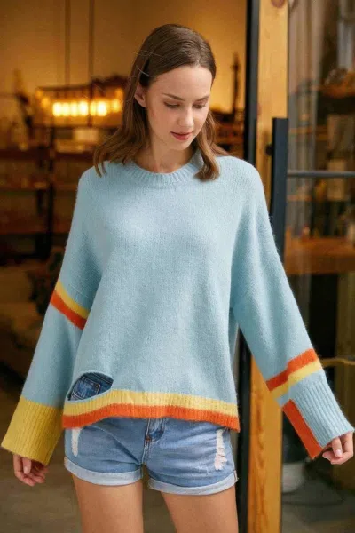 Truedames Color Block Sweater With Cut Out In Blue