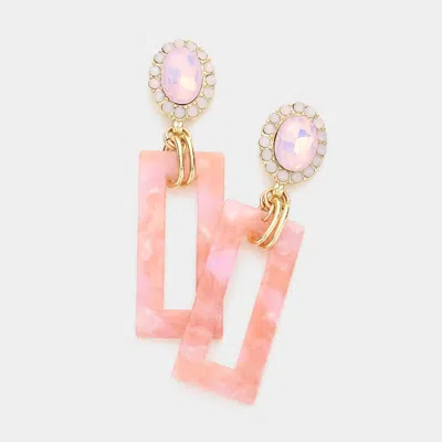 Fashnzfab Oval Stone Celluloid Acetate Open Rectangle Link Dangle Earrings In Pink