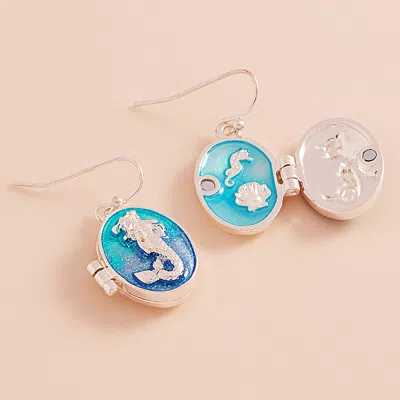Fashnzfab Enamel Oval Mermaid Locket Dangle Earrings In Blue