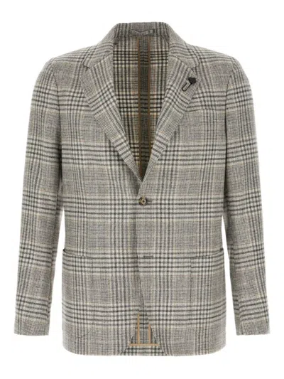 Lardini Plaid Patterned Grey Jacket With Notch Lapels In Animal Print