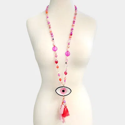 Fashnzfab Celluloid Acetate Evil Eye Accented Tassel Beaded Long Necklace In Pink