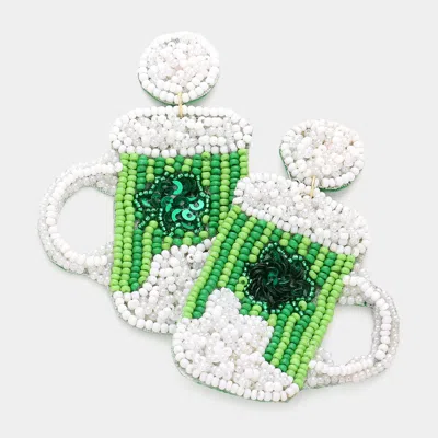 Fashnzfab St. Patrick's Day Felt Back Sequin Shamrock Seed Beaded Beer Dangle Earrings In Green