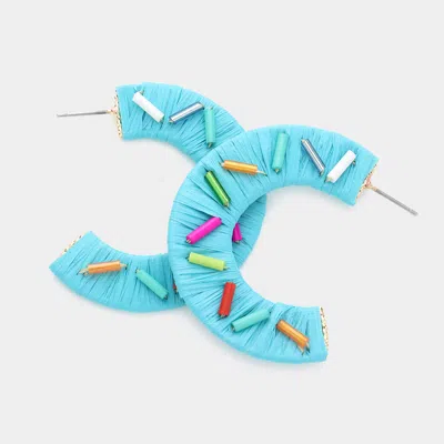 Fashnzfab Cylinder Bead Embellished Raffia Hoop Earrings In Blue