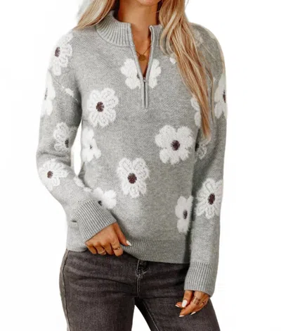 Fashionworks Floral Half Zip Drop Shoulder Sweater In Gray In Gray