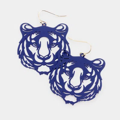 Fashnzfab Brass Metal Cutout Tiger Dangle Earrings In Blue