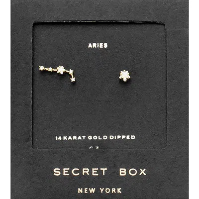 Fashnzfab Secret Box_14k Gold Dipped Cz Stone Paved Aries Zodiac Sign Stud Earrings In Gold