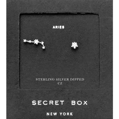 Fashnzfab Secret Box_sterling Silver Dipped Cz Stone Paved Aries Zodiac Sign Stud Earrings In Silver